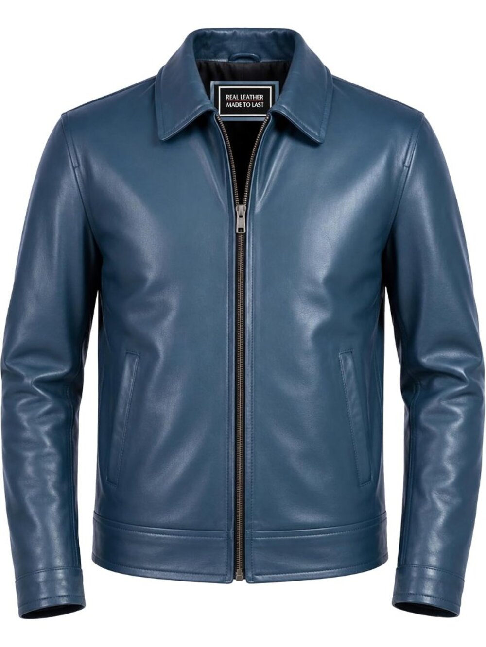 Men's Grey Leather Polo Collar Zipper Open Bottom Side Pockets Quilted Jacket